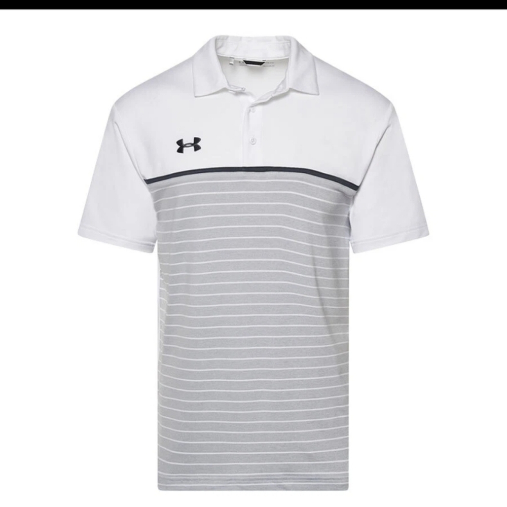 Under Armour Men's Polo in White and Gray Stripes (Bin A)